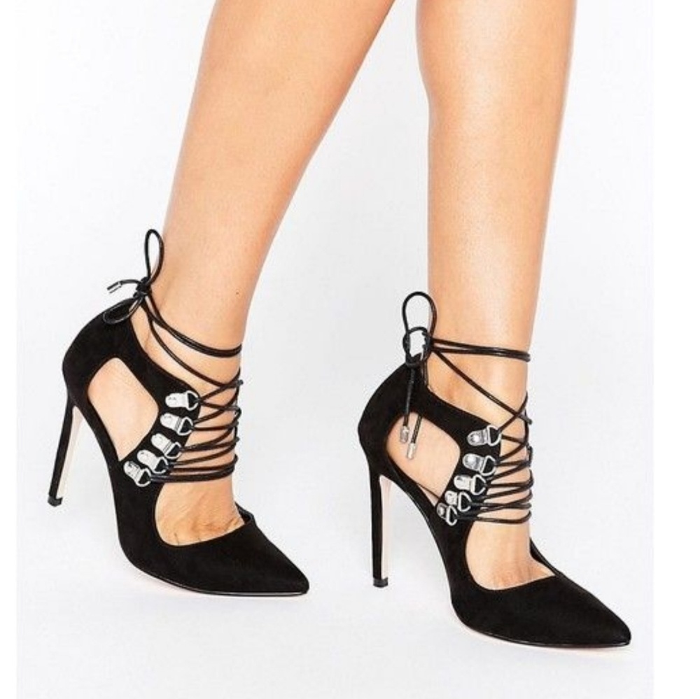 ASOS PEWS Black Lace Up Pointy Heels size 8